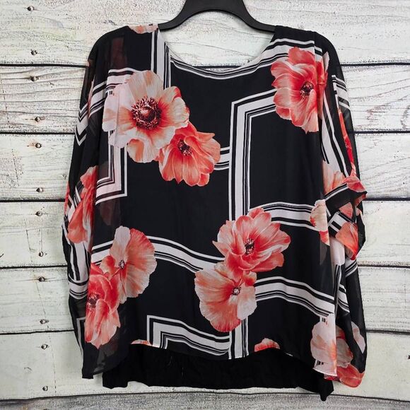 Alyx Floral Chiffon Layered Blouse Black Red 2X - Picture 5 of 9